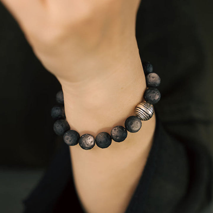 Pulsera de protección con piedras de Buda, obsidiana con brillo plateado natural y meteorito lunar.