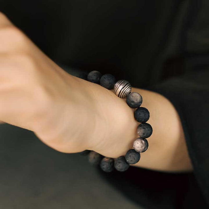 Pulsera de protección con piedras de Buda, obsidiana con brillo plateado natural y meteorito lunar.