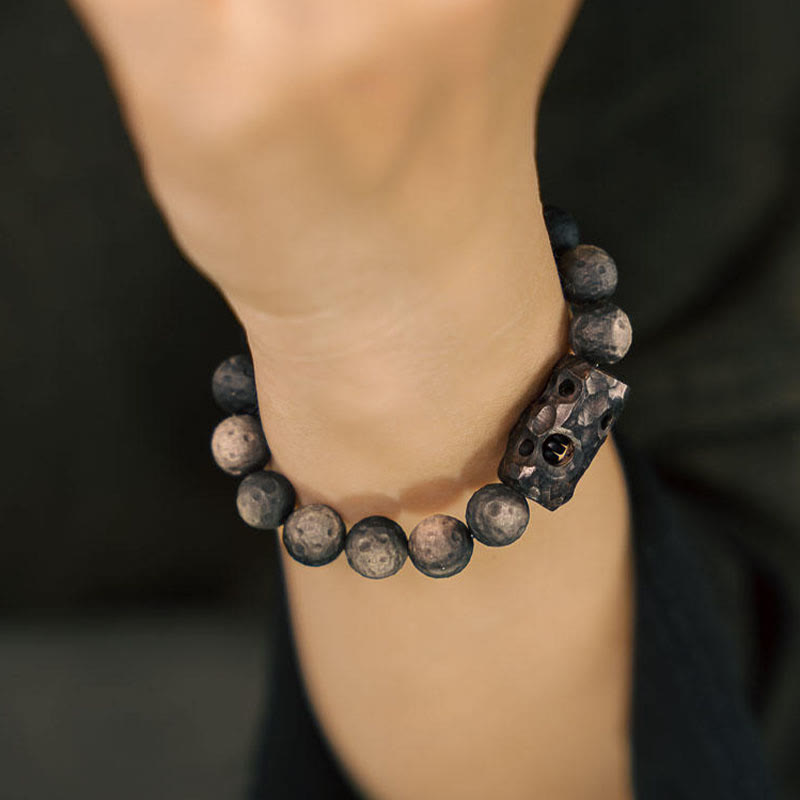 Pulseras de Piedras de Buda en Obsidiana Plateada y Madera de Ébano Calmante