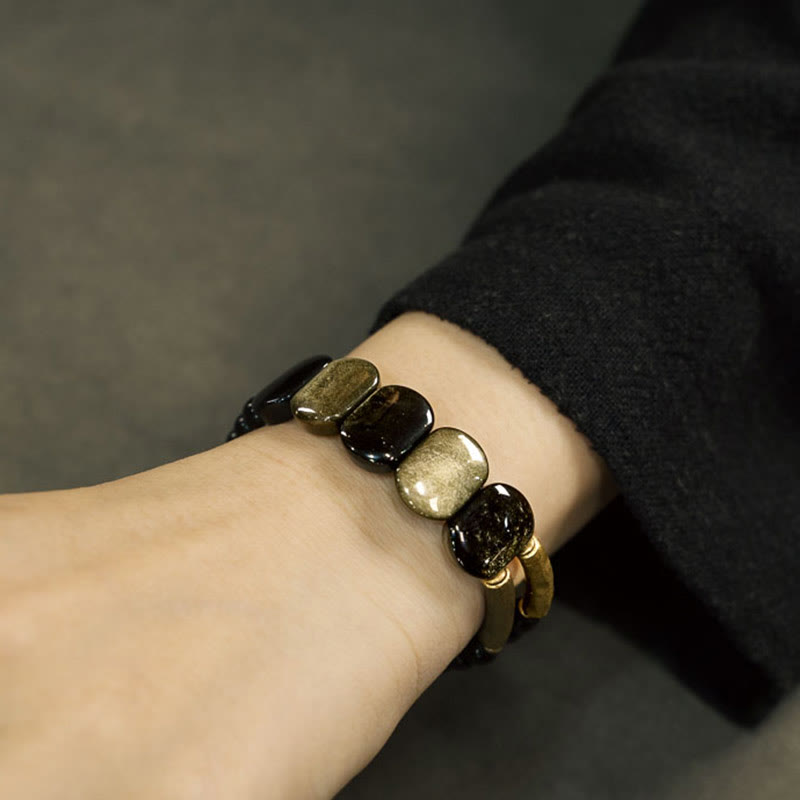 Buddha Stones Pulsera reforzada de obsidiana negra con brillo dorado - image 4