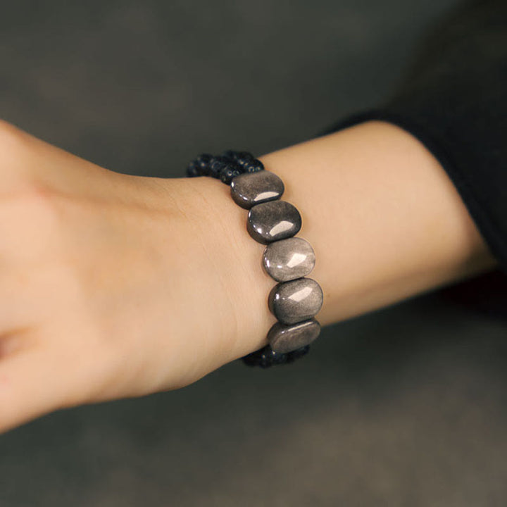 Pulsera de Comunicación de Piedras Naturales de Buda con Obsidiana Plateada y Roca de Lava