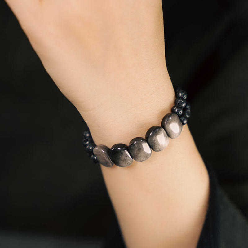 Pulsera de Comunicación de Piedras Naturales de Buda con Obsidiana Plateada y Roca de Lava