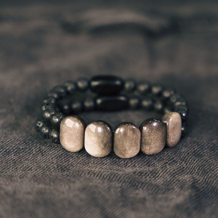 Pulsera de Comunicación de Piedras Naturales de Buda con Obsidiana Plateada y Roca de Lava