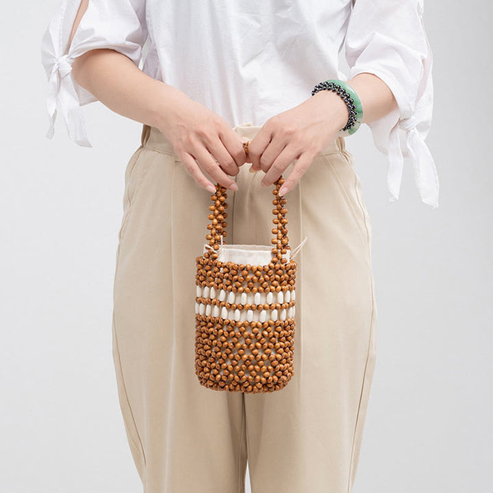 Bolso de cuentas de madera portátil tejido a mano de piedras de Buda