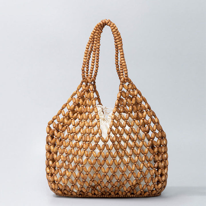 Bolso de hombro de cuentas de madera tejidas a mano con piedras de Buda