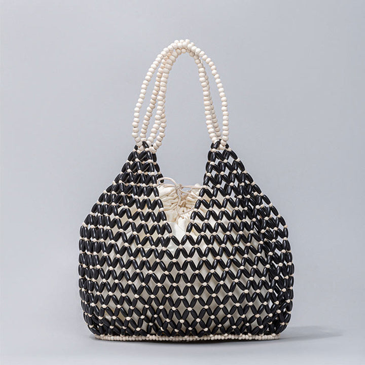 Bolso de hombro de cuentas de madera tejidas a mano con piedras de Buda