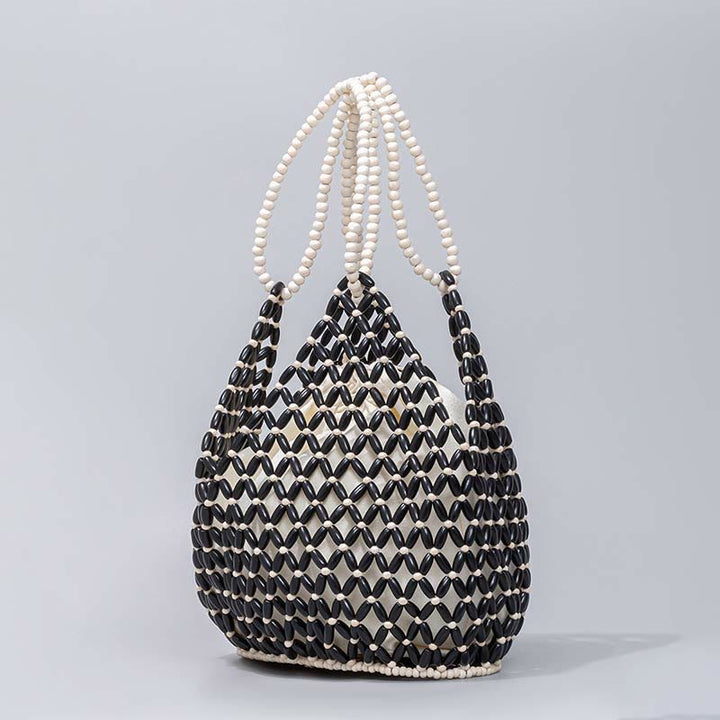 Bolso de hombro de cuentas de madera tejidas a mano con piedras de Buda