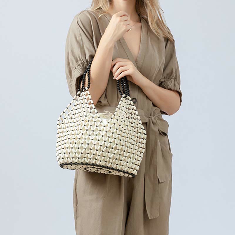 Bolso de hombro de cuentas de madera tejidas a mano con piedras de Buda