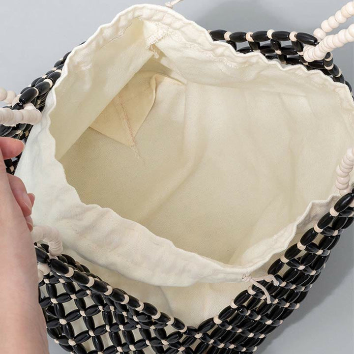 Bolso de hombro de cuentas de madera tejidas a mano con piedras de Buda
