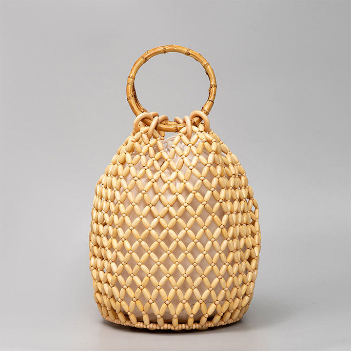 Bolso de hombro con asa de bambú, cuentas de madera tejidas a mano de piedras de Buda