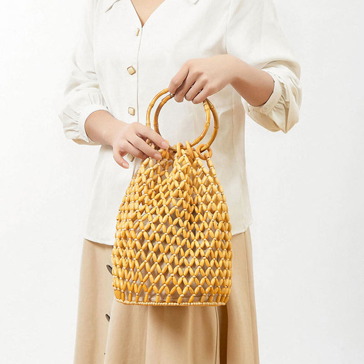 Bolso de hombro con asa de bambú, cuentas de madera tejidas a mano de piedras de Buda