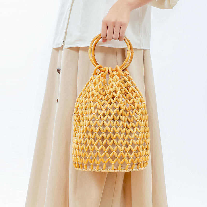 Bolso de hombro con asa de bambú, cuentas de madera tejidas a mano de piedras de Buda