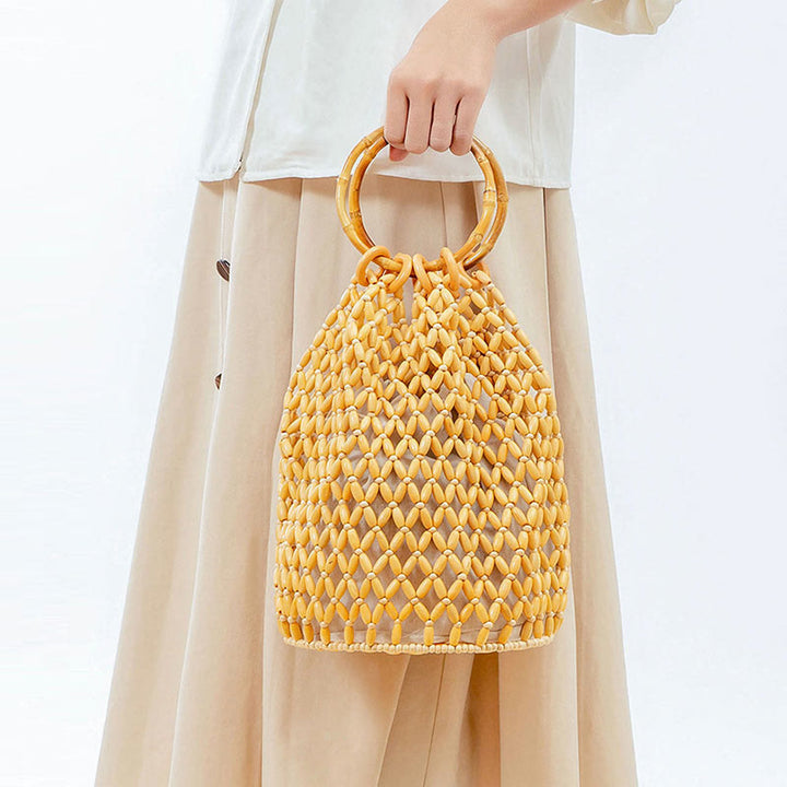 Bolso de hombro con asa de bambú, cuentas de madera tejidas a mano de piedras de Buda
