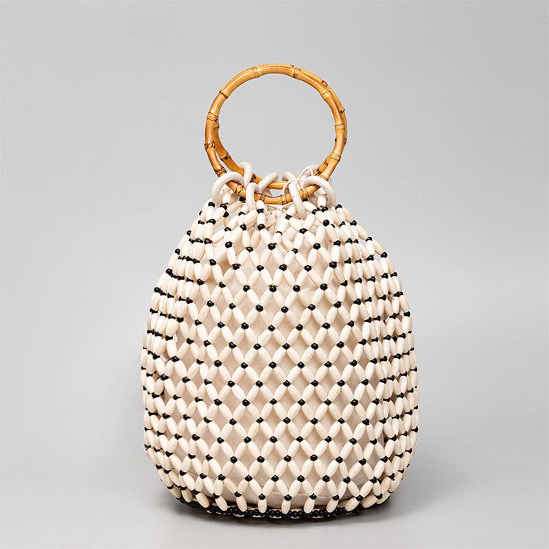 Bolso de hombro con asa de bambú, cuentas de madera tejidas a mano de piedras de Buda