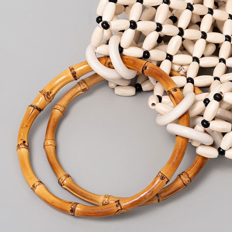 Bolso de hombro con asa de bambú, cuentas de madera tejidas a mano de piedras de Buda