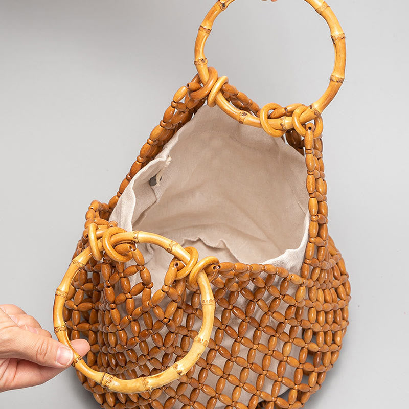 Bolso de hombro con asa de bambú, cuentas de madera tejidas a mano de piedras de Buda