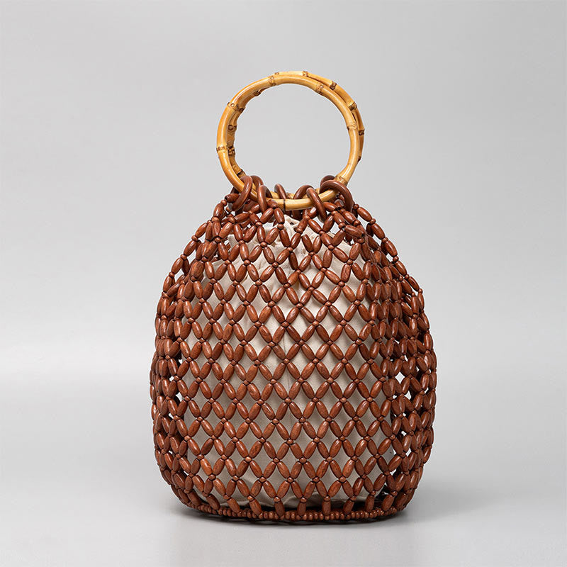 Bolso de hombro con asa de bambú, cuentas de madera tejidas a mano de piedras de Buda