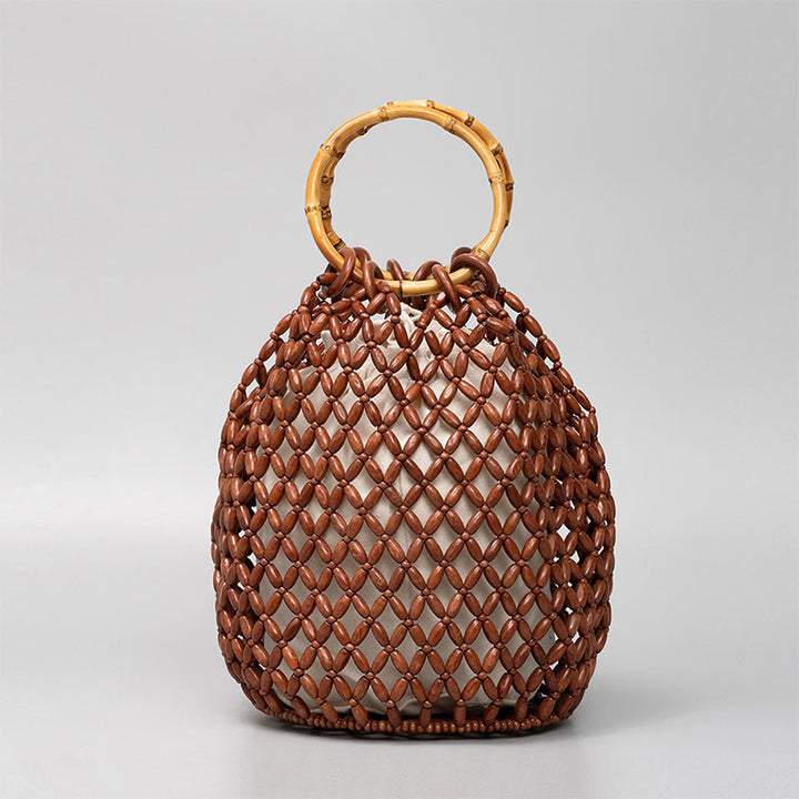 Bolso de hombro con asa de bambú, cuentas de madera tejidas a mano de piedras de Buda