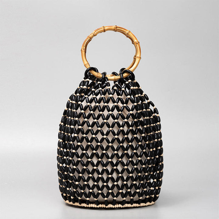 Bolso de hombro con asa de bambú, cuentas de madera tejidas a mano de piedras de Buda