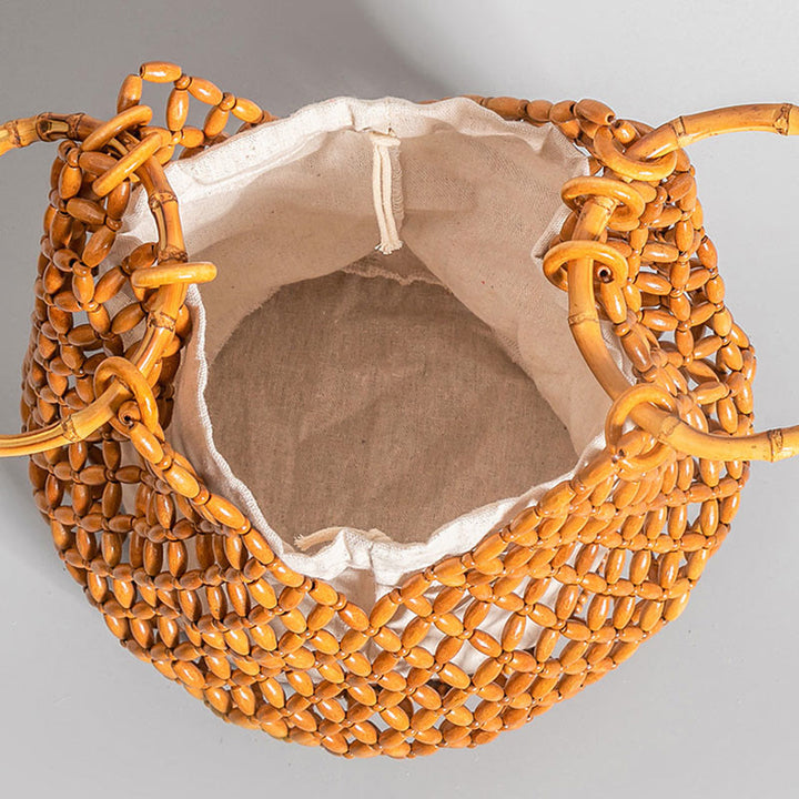 Bolso de hombro con asa de bambú, cuentas de madera tejidas a mano de piedras de Buda