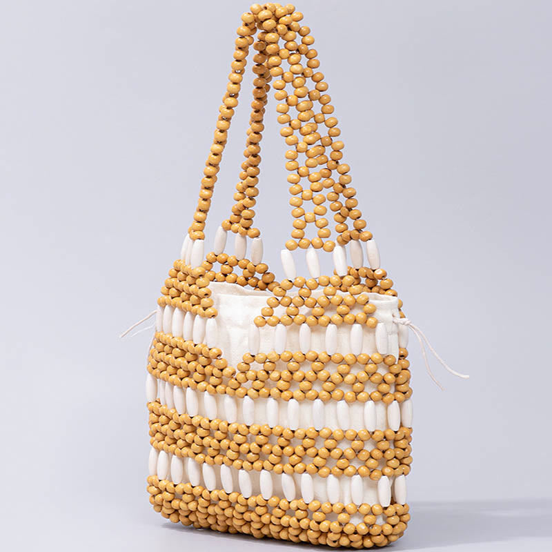 Bolso de hombro de cuentas de madera redondas hechas a mano con piedras de Buda