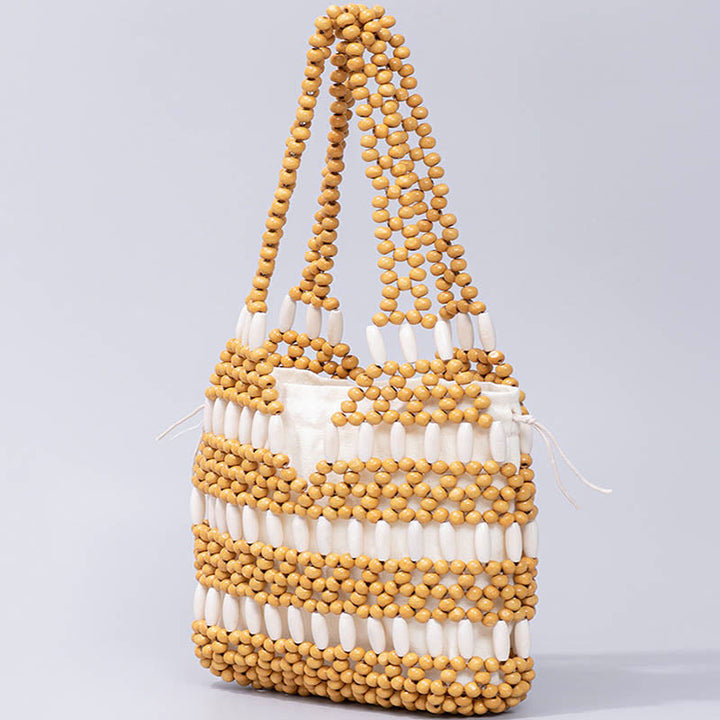 Bolso de hombro de cuentas de madera redondas hechas a mano con piedras de Buda
