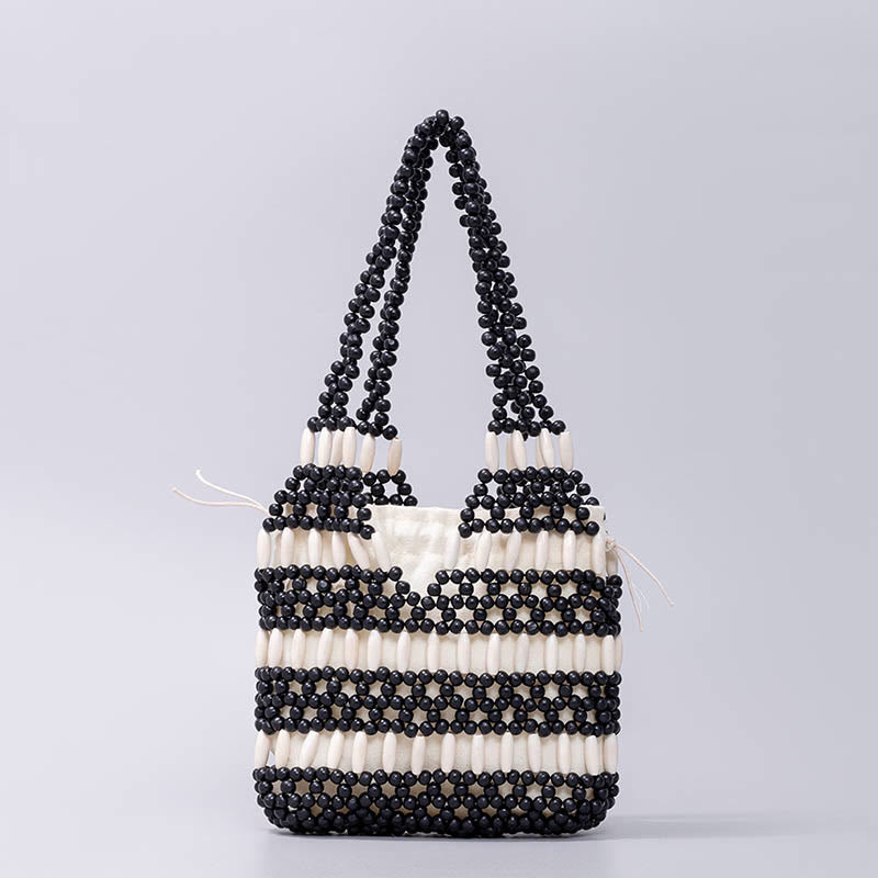 Bolso de hombro de cuentas de madera redondas hechas a mano con piedras de Buda