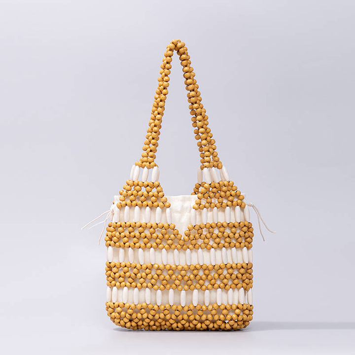 Bolso de hombro de cuentas de madera redondas hechas a mano con piedras de Buda