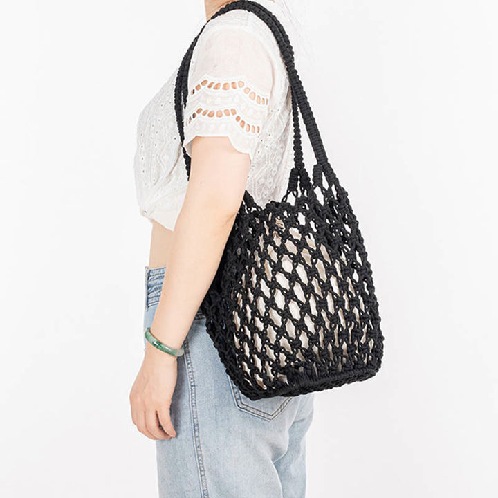 Bolso de hombro de hilo de algodón tejido a mano con piedras de Buda