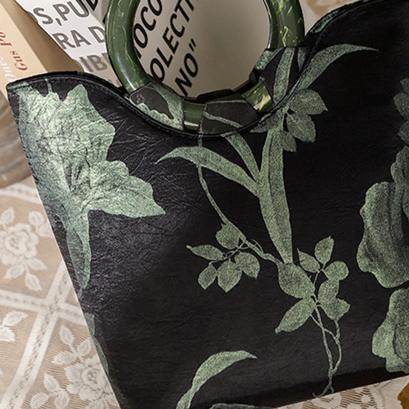 	Buddha Stones Black Green Orchids Print Vintage Handbag - image 1
