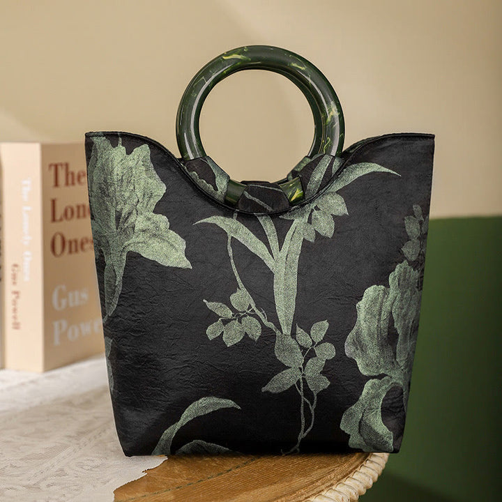 	Buddha Stones Black Green Orchids Print Vintage Handbag - Orquídeas verdes 20*8,5*23 cm - image 0