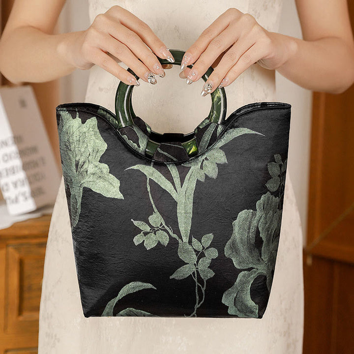 	Buddha Stones Black Green Orchids Print Vintage Handbag - image 2