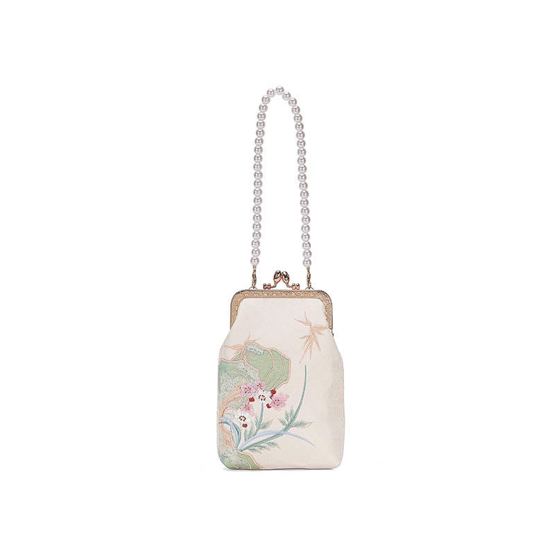Bolso de mano bandolera con cadena de perlas, patrón de orquídea, piedra montañosa de piedras de Buda