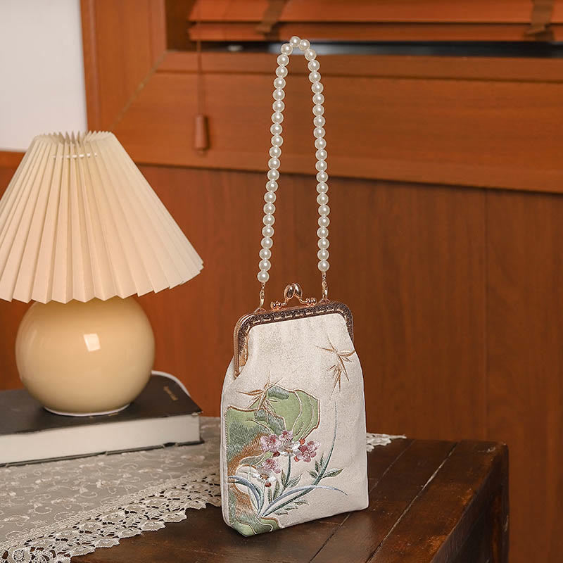 Bolso de mano bandolera con cadena de perlas, patrón de orquídea, piedra montañosa de piedras de Buda