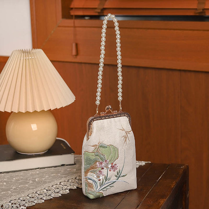 Bolso de mano bandolera con cadena de perlas, patrón de orquídea, piedra montañosa de piedras de Buda