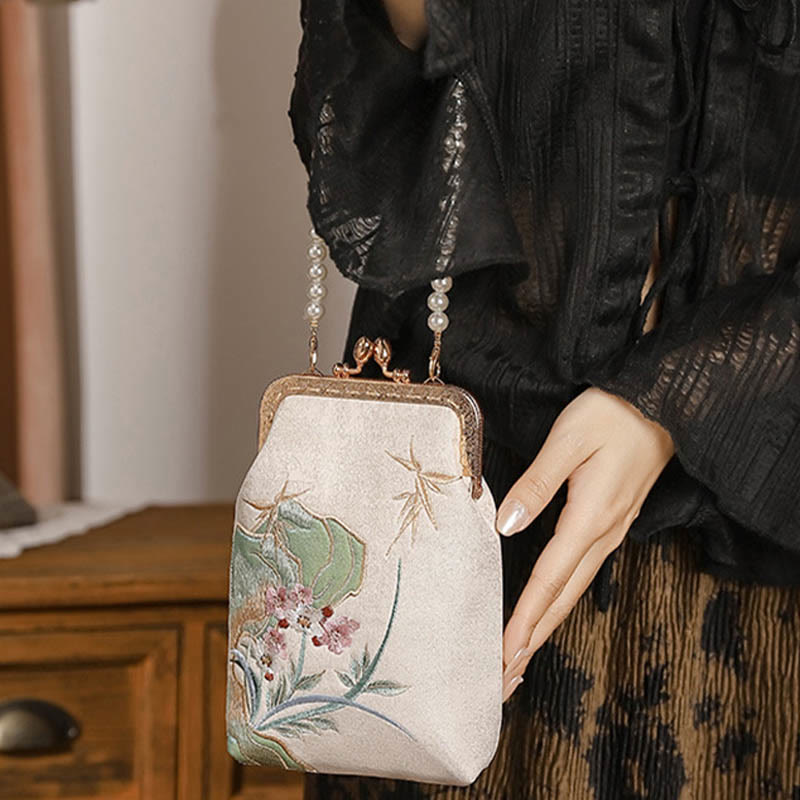 Bolso de mano bandolera con cadena de perlas, patrón de orquídea, piedra montañosa de piedras de Buda
