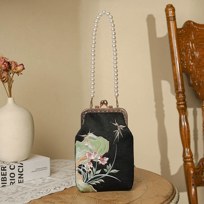 Bolso de mano bandolera con cadena de perlas, patrón de orquídea, piedra montañosa de piedras de Buda