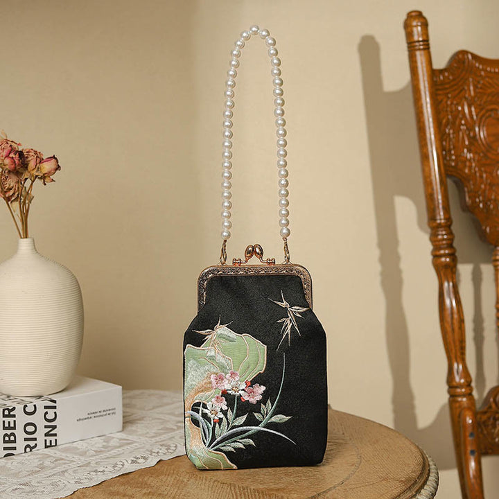 Bolso de mano bandolera con cadena de perlas, patrón de orquídea, piedra montañosa de piedras de Buda
