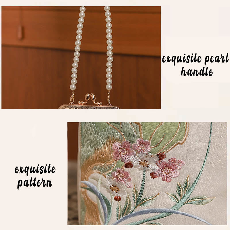 Bolso de mano bandolera con cadena de perlas, patrón de orquídea, piedra montañosa de piedras de Buda