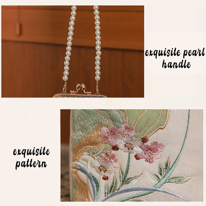 Bolso de mano bandolera con cadena de perlas, patrón de orquídea, piedra montañosa de piedras de Buda