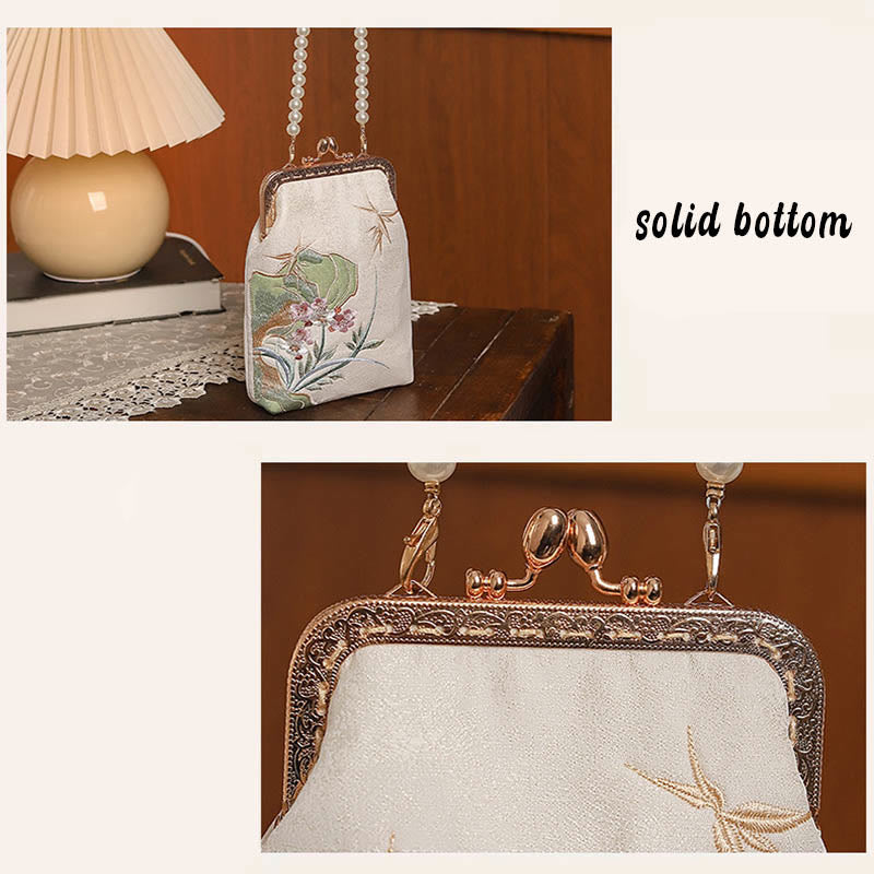 Bolso de mano bandolera con cadena de perlas, patrón de orquídea, piedra montañosa de piedras de Buda