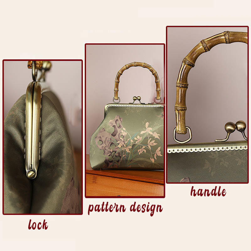 Bolso cruzado con asa de bambú y cadena de metal, piedras de Buda, plantas verdes, montañas
