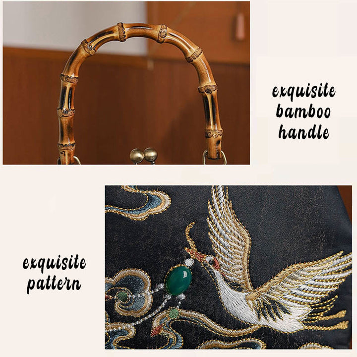 Buda Piedras Nubes Auspiciosas Grullas Bordado Mango de Bambú Bolso de Mano Bolsa de Hombro