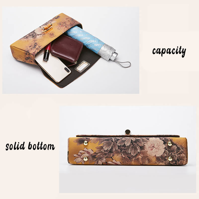 Bolso de mano cruzado con cadena de metal y asa de bambú con patrón de flores y piedras de Buda