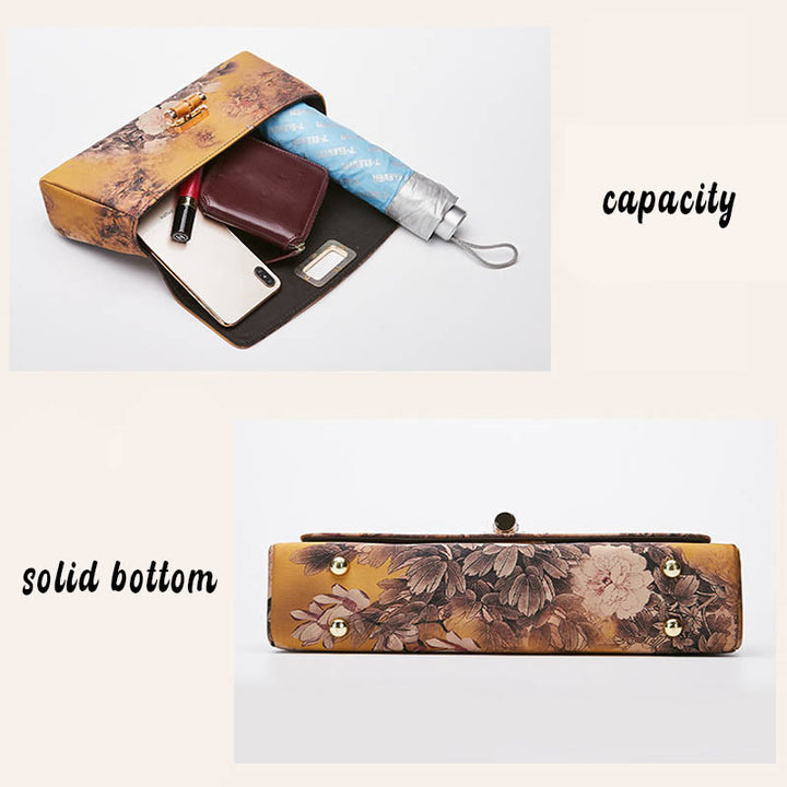 Bolso de mano cruzado con cadena de metal y asa de bambú con patrón de flores y piedras de Buda