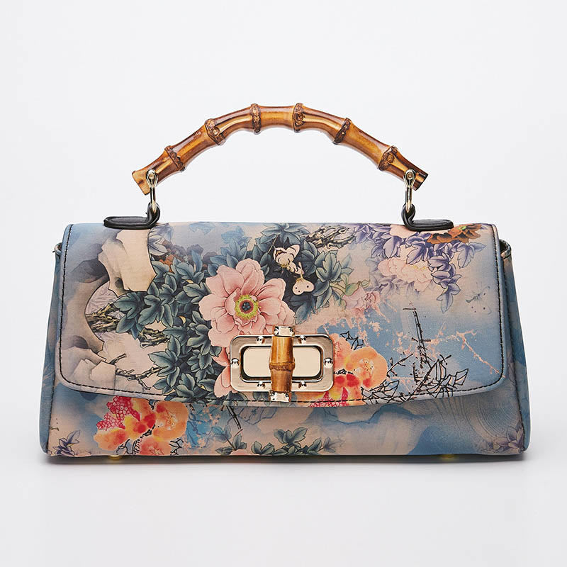 Bolso de mano cruzado con cadena de metal y asa de bambú con patrón de flores y piedras de Buda