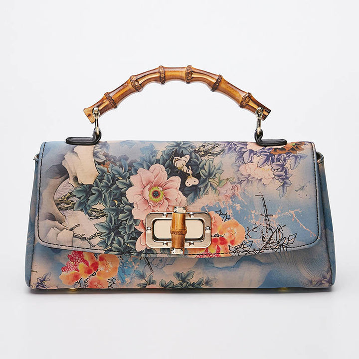 Bolso de mano cruzado con cadena de metal y asa de bambú con patrón de flores y piedras de Buda