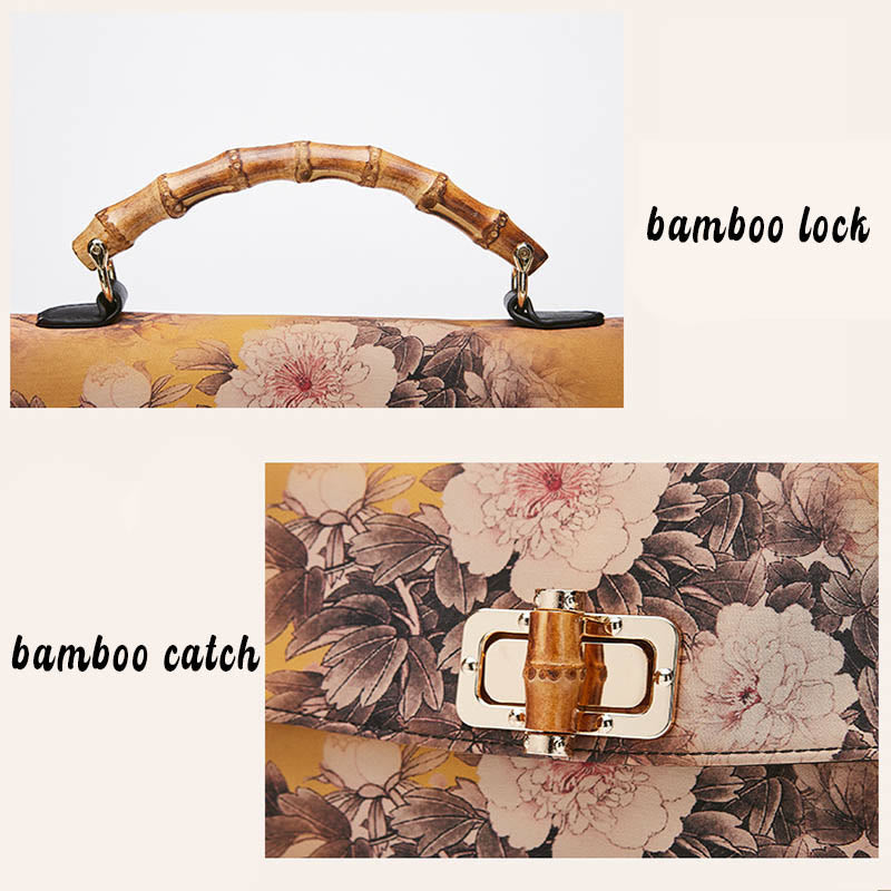 Bolso de mano cruzado con cadena de metal y asa de bambú con patrón de flores y piedras de Buda