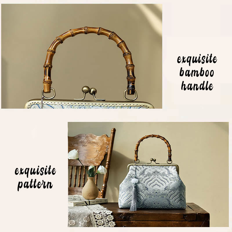 Bolso cruzado con cadena de metal, líneas plateadas y mango de bambú de Piedras Buddha