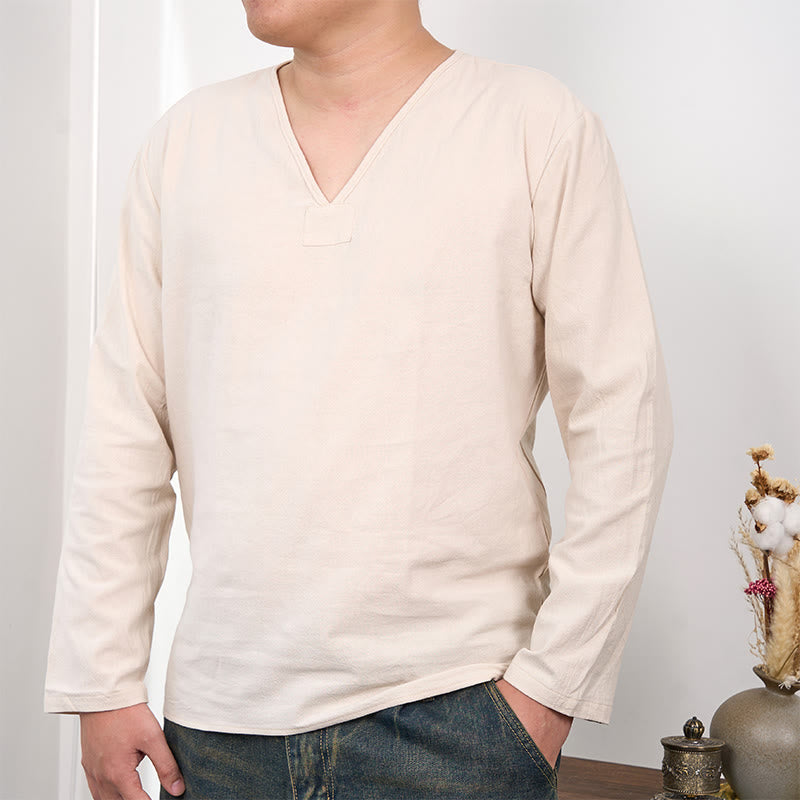 Camiseta de hombre de lino y algodón de manga larga con cuello en V de color sólido con Buddha Stones